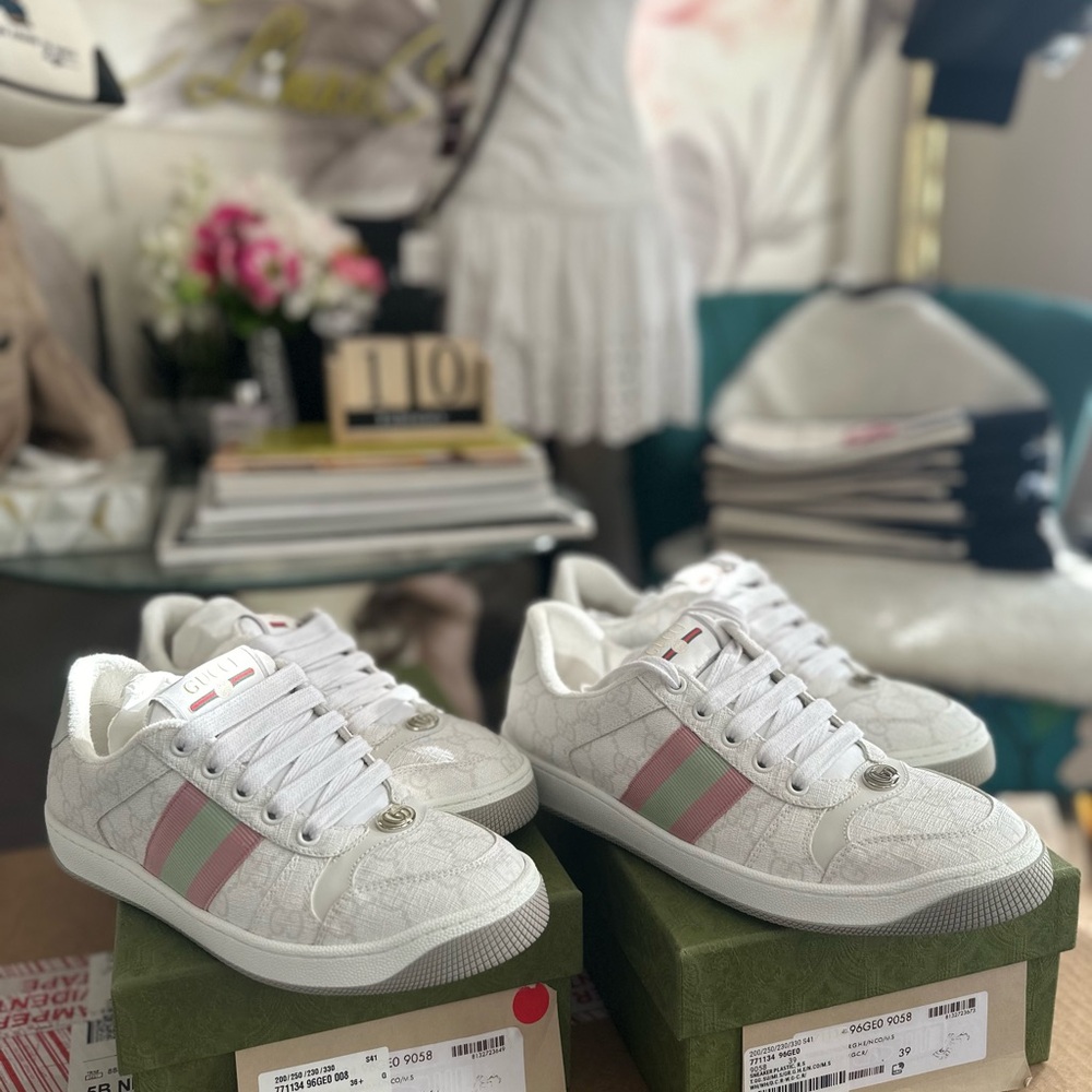 Gucci White Sneakers with Pink and Green Stripes